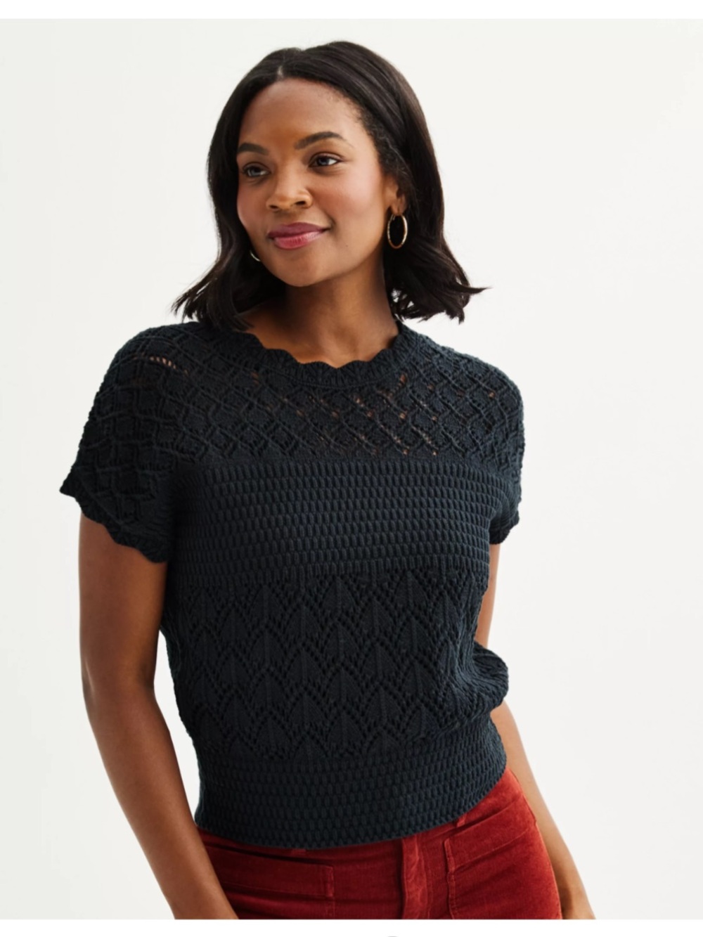 Draper James RSVP Black Crochet Short Sleeve Scoop Neck lightweight Sweater